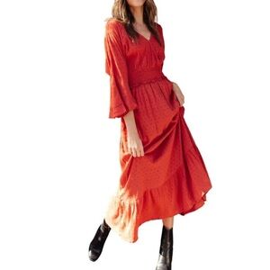 Mittoshop Rust Swiss Dot Maxi Dress Boho Cottage core Medium M